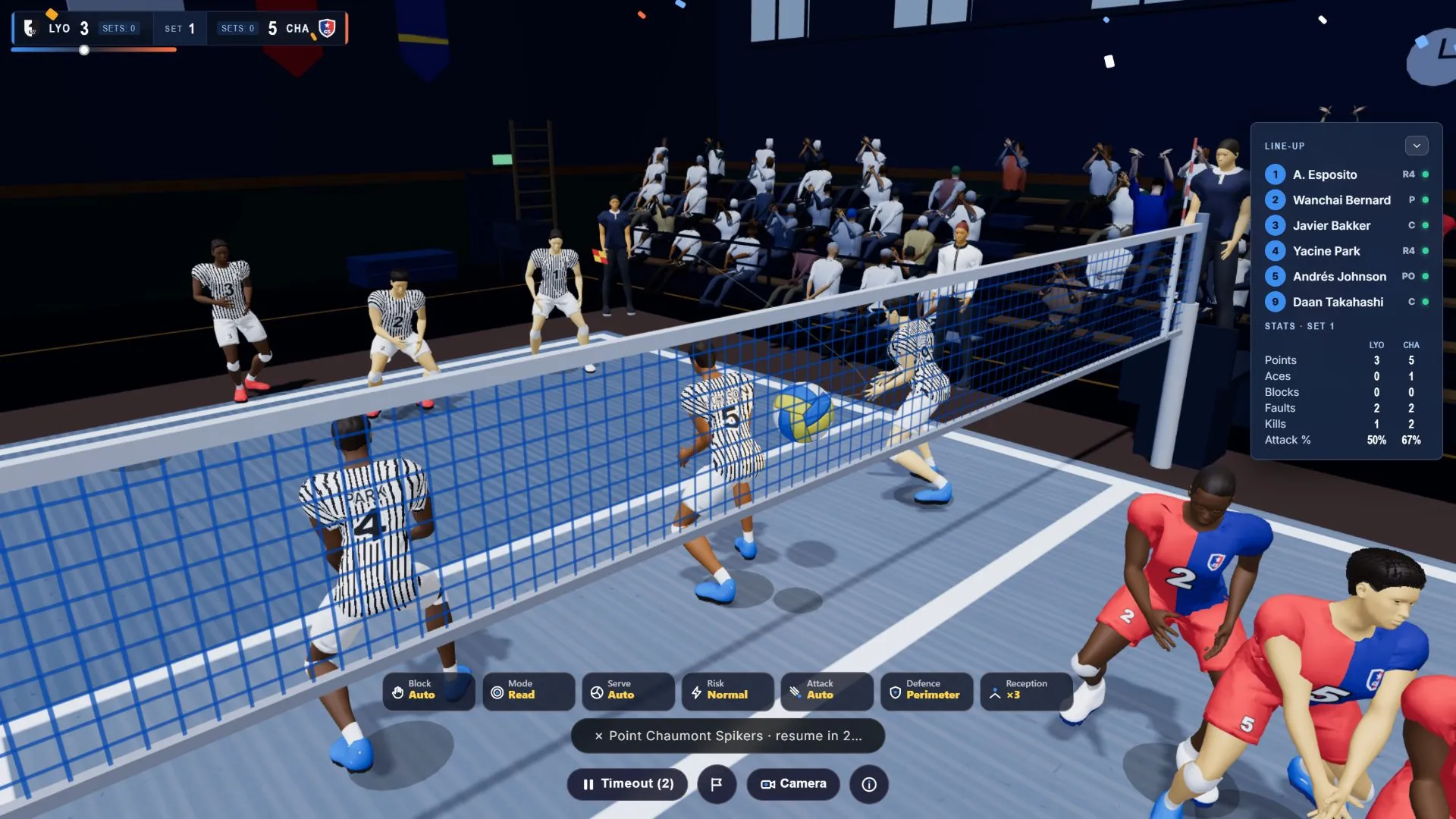 Close-up of an indoor rally, with the game interface